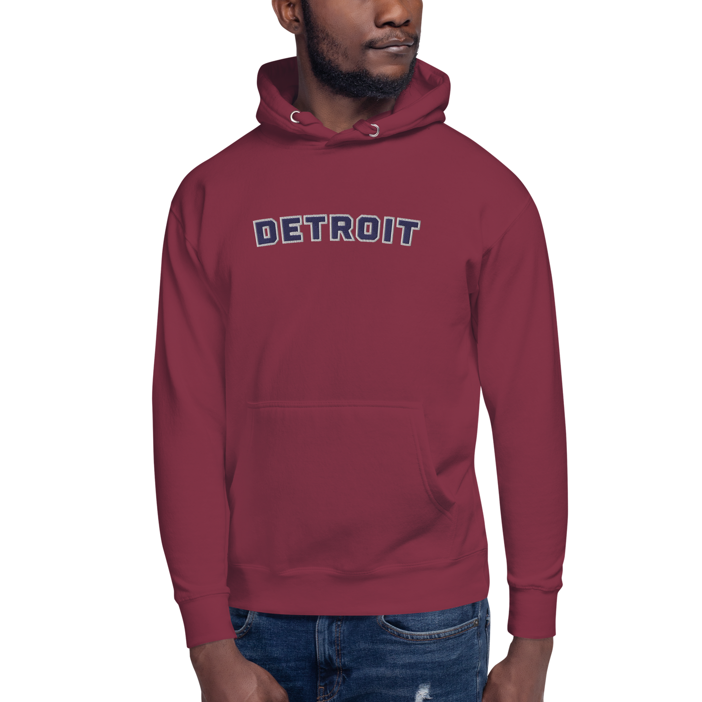 'Detroit' Unisex Premium Hoodie (Athletic Font) | Navy Embroidery