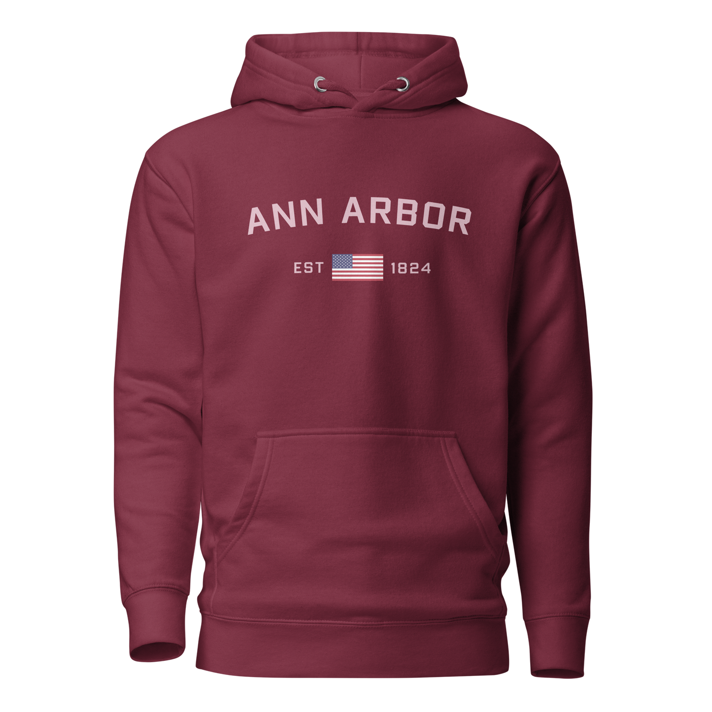 'Ann Arbor 1824' Unisex Premium Hoodie (Pink Type w/USA Flag Outline)