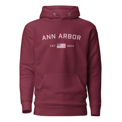 'Ann Arbor 1824' Unisex Premium Hoodie (Pink Type w/USA Flag Outline)