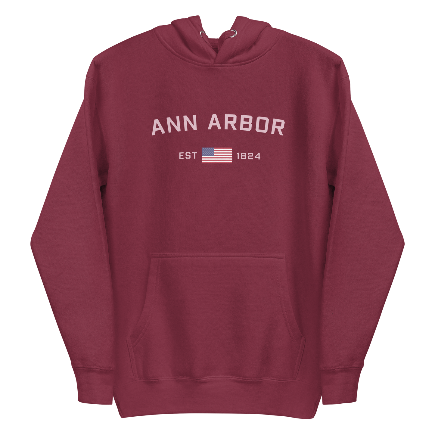 'Ann Arbor 1824' Unisex Premium Hoodie (Pink Type w/USA Flag Outline)