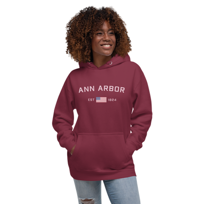 'Ann Arbor 1824' Unisex Premium Hoodie (Pink Type w/USA Flag Outline)