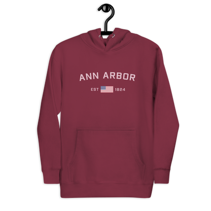 'Ann Arbor 1824' Unisex Premium Hoodie (Pink Type w/USA Flag Outline)