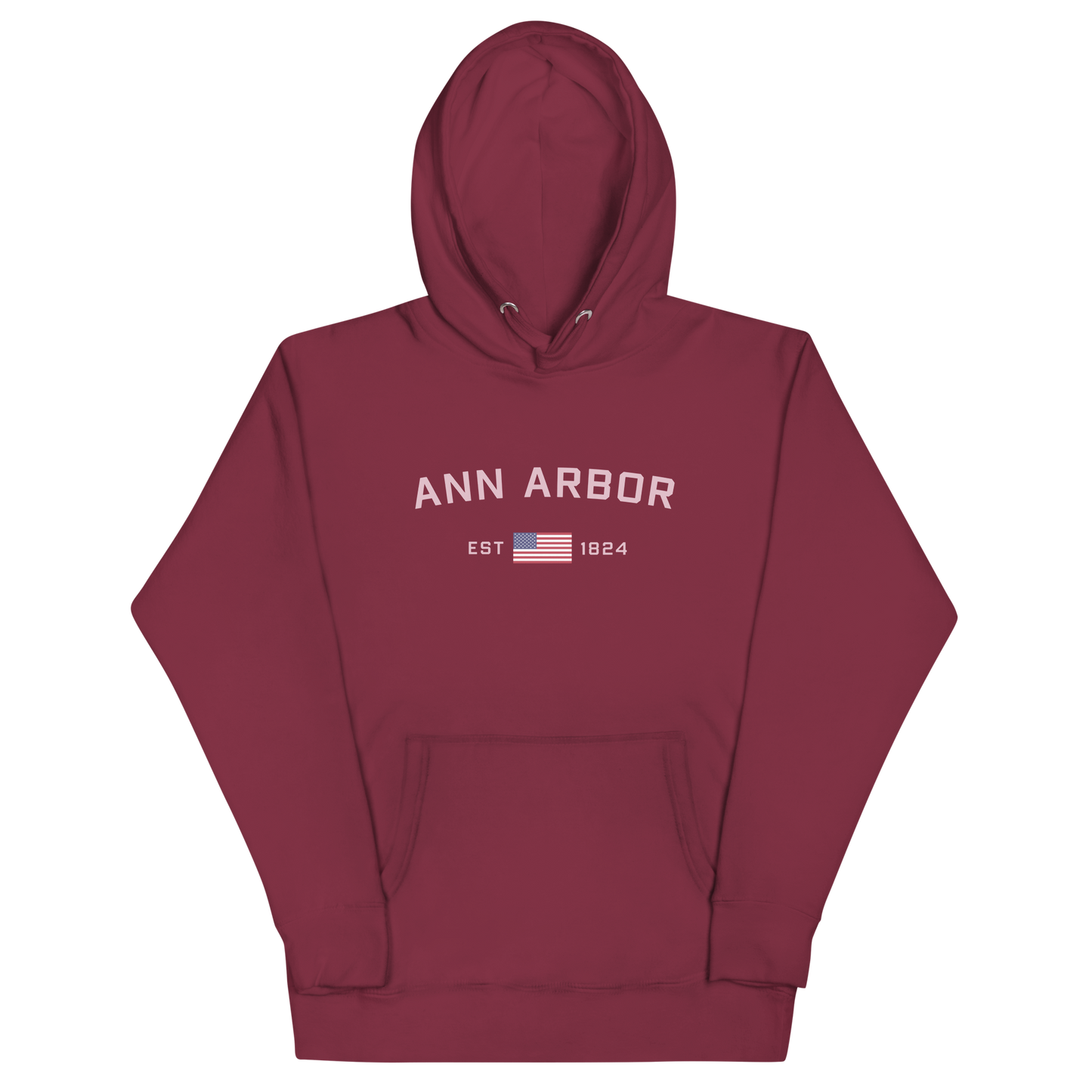 'Ann Arbor 1824' Unisex Premium Hoodie (Pink Type w/USA Flag Outline)