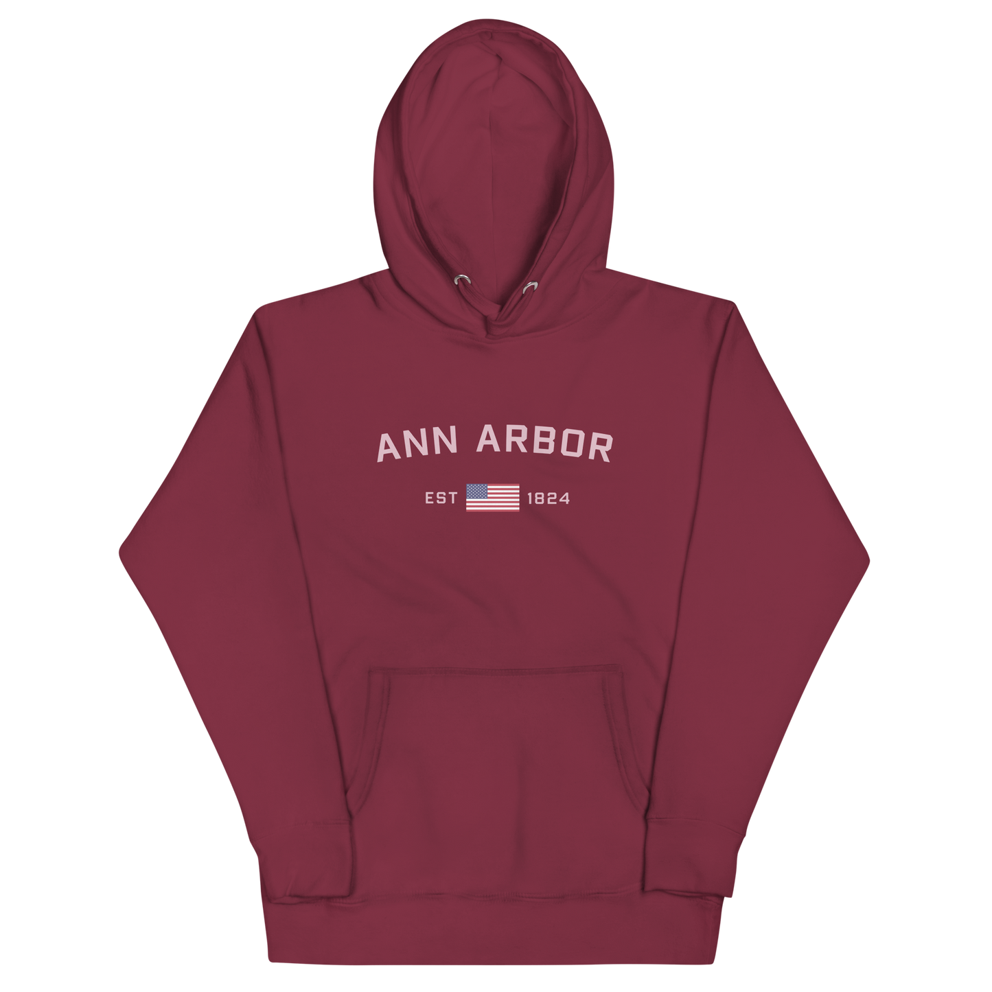 'Ann Arbor 1824' Unisex Premium Hoodie (Pink Type w/USA Flag Outline)