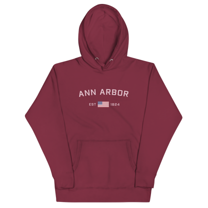 'Ann Arbor 1824' Unisex Premium Hoodie (Pink Type w/USA Flag Outline)