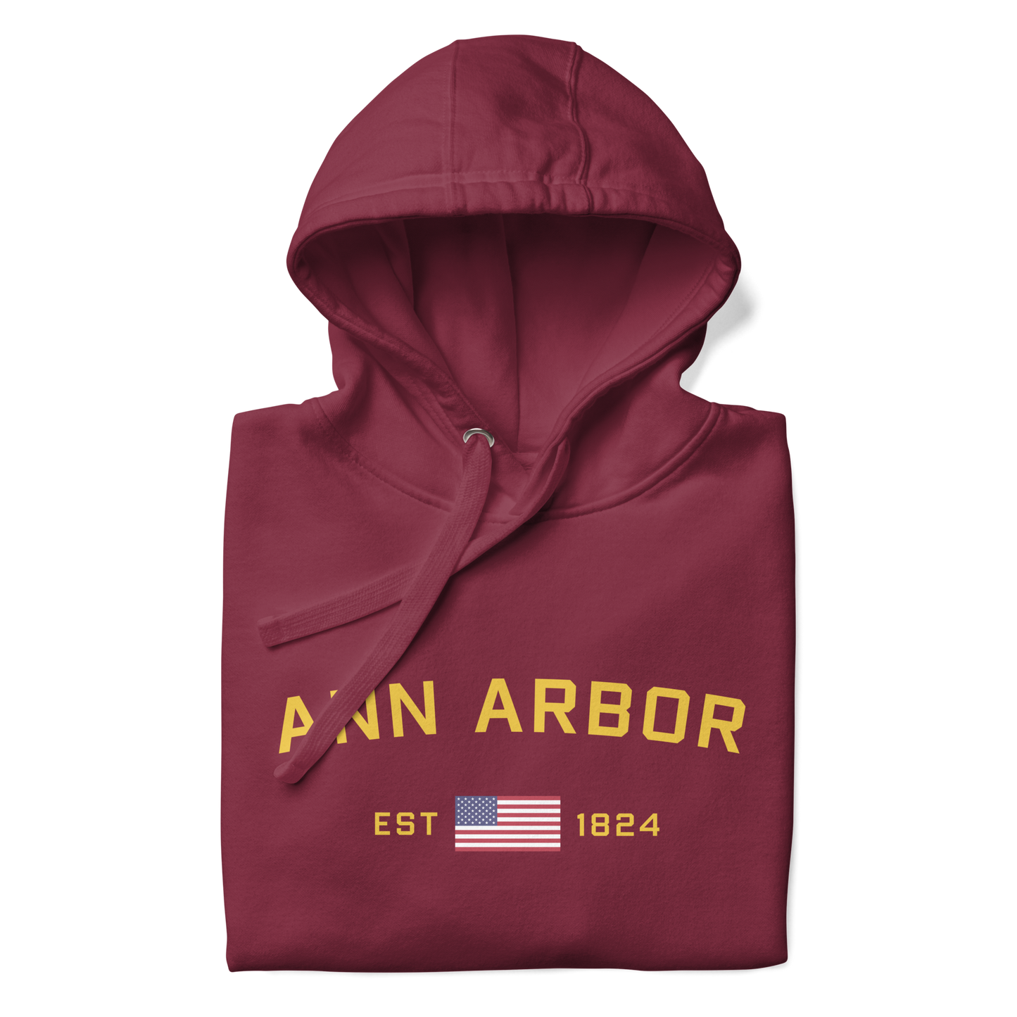 'Ann Arbor EST 1824' Unisex Premium Hoodie (Gold Type w/USA Flag Outline)