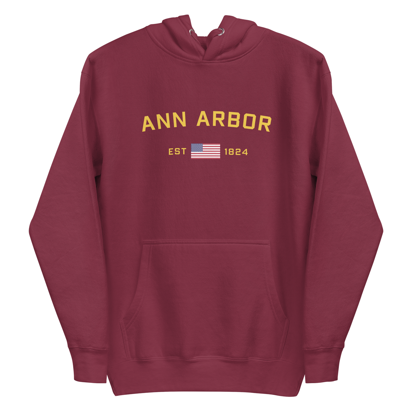 'Ann Arbor EST 1824' Unisex Premium Hoodie (Gold Type w/USA Flag Outline)