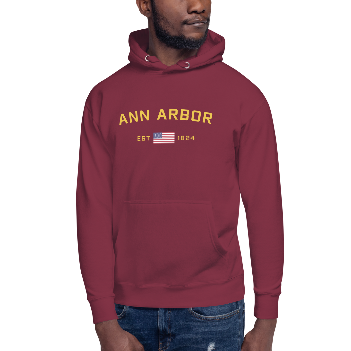 'Ann Arbor EST 1824' Unisex Premium Hoodie (Gold Type w/USA Flag Outline)