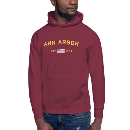 'Ann Arbor EST 1824' Unisex Premium Hoodie (Gold Type w/USA Flag Outline)