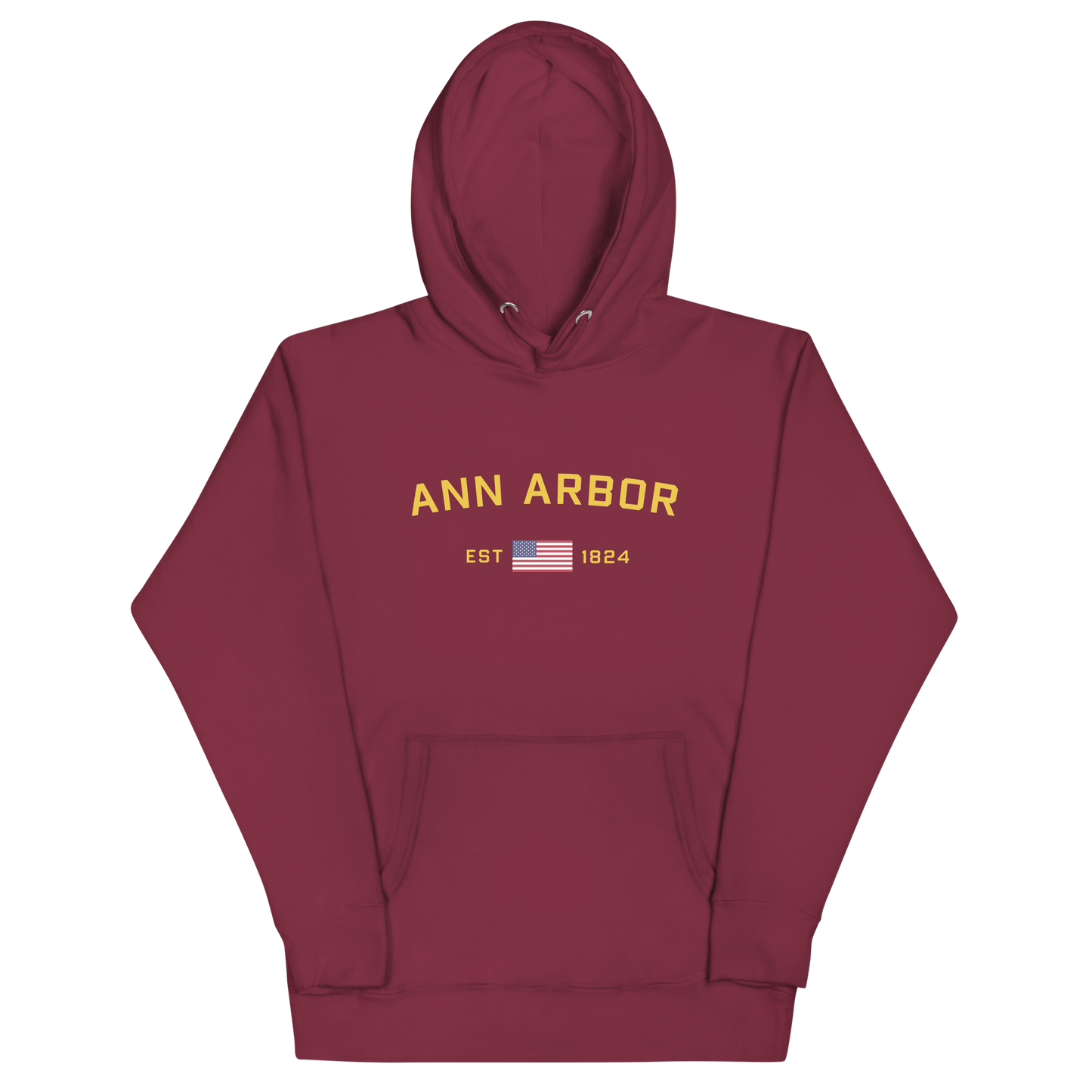 'Ann Arbor EST 1824' Unisex Premium Hoodie (Gold Type w/USA Flag Outline)