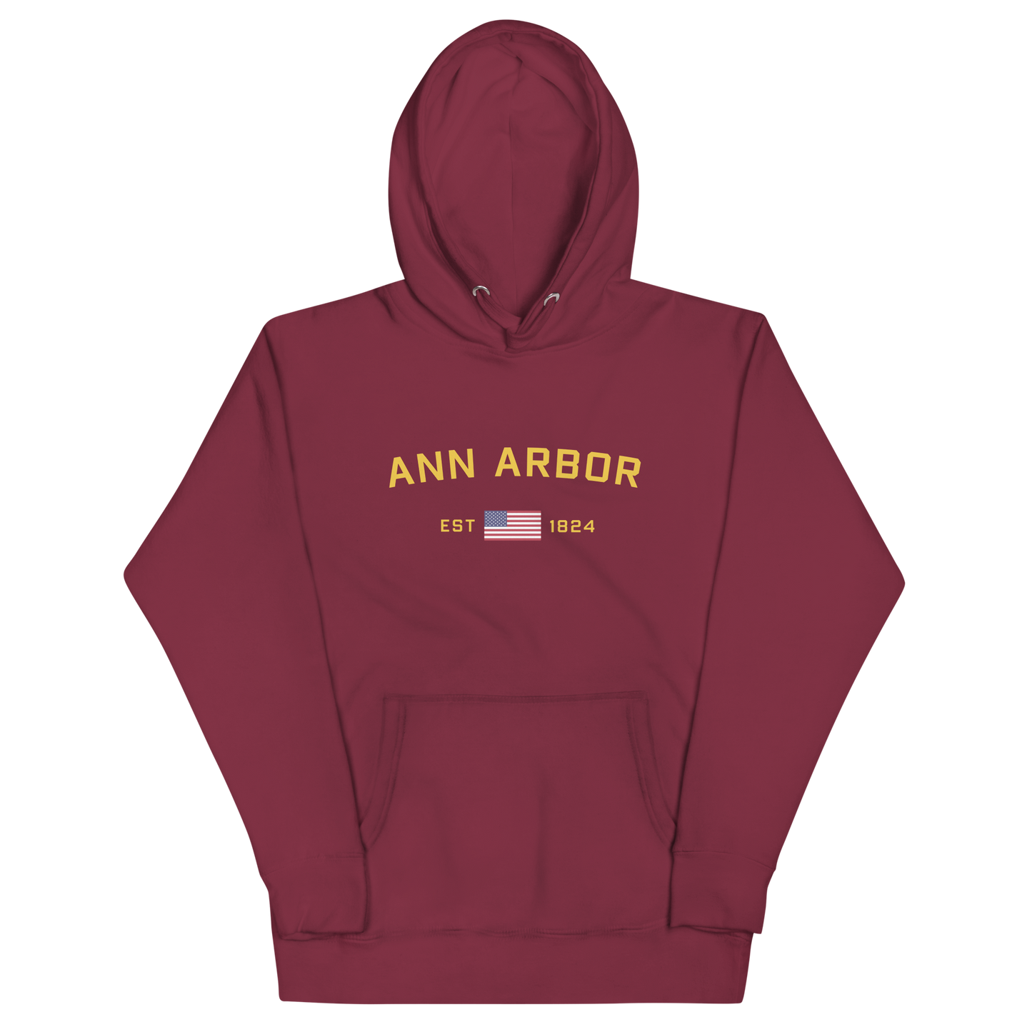 'Ann Arbor EST 1824' Unisex Premium Hoodie (Gold Type w/USA Flag Outline)