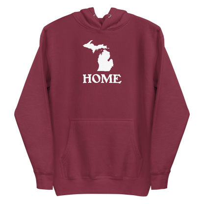 Michigan 'Home' Unisex Premium Hoodie (Woodcut Font w/ MI Outline)