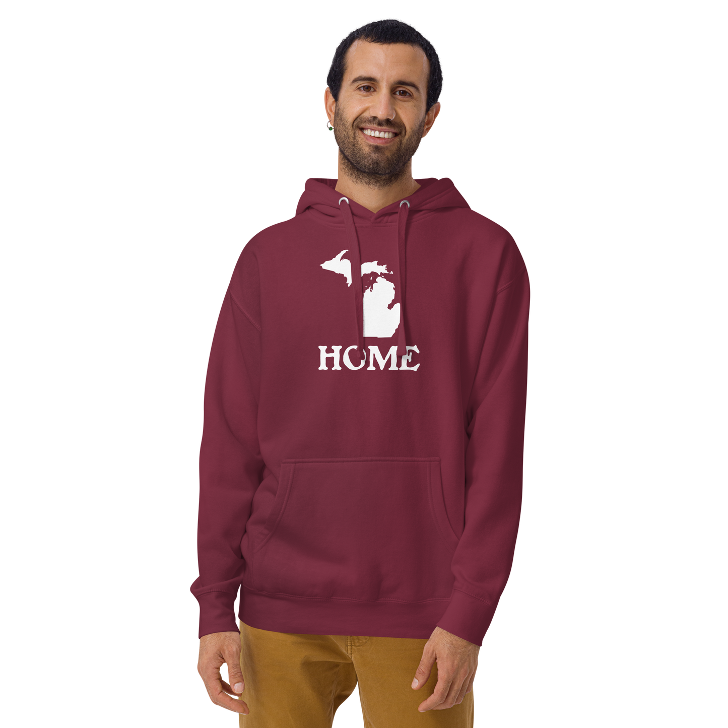 Michigan 'Home' Unisex Premium Hoodie (Woodcut Font w/ MI Outline)