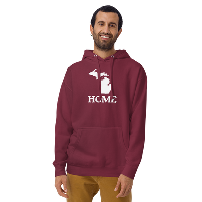 Michigan 'Home' Unisex Premium Hoodie (Woodcut Font w/ MI Outline)