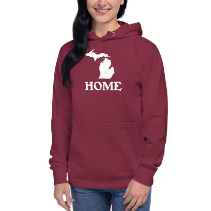 Michigan 'Home' Unisex Premium Hoodie (Woodcut Font w/ MI Outline)