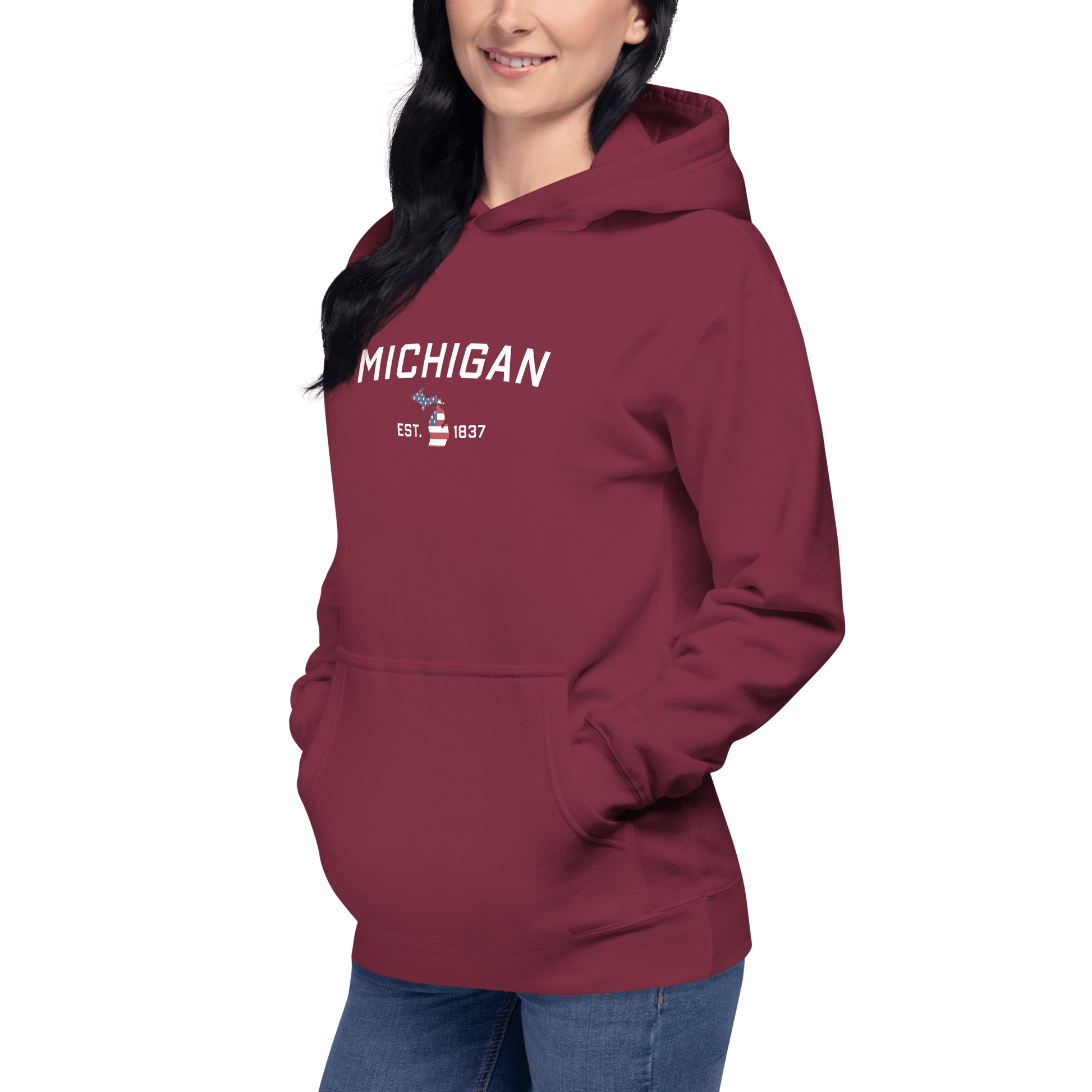 'Michigan EST 1837' Hoodie (w/ USA Flag MI Outline) | Unisex Premium - Circumspice Michigan
