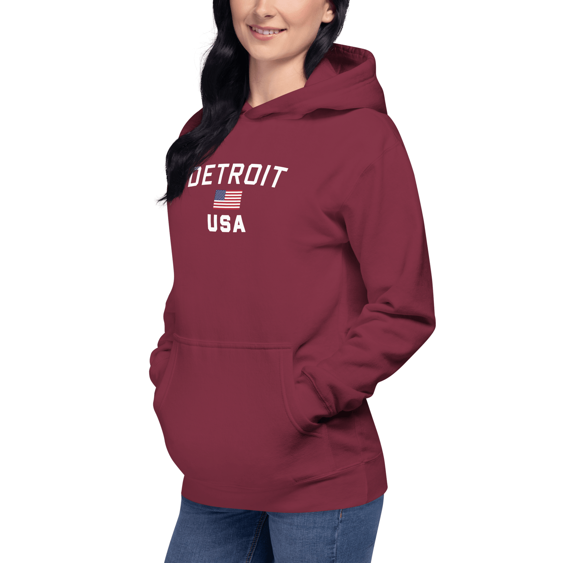 'Detroit USA' Hoodie (White/Navy w/ USA Flag)  Unisex Premium - Circumspice Michigan