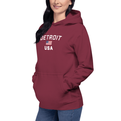 'Detroit USA' Hoodie (White/Navy w/ USA Flag)  Unisex Premium - Circumspice Michigan