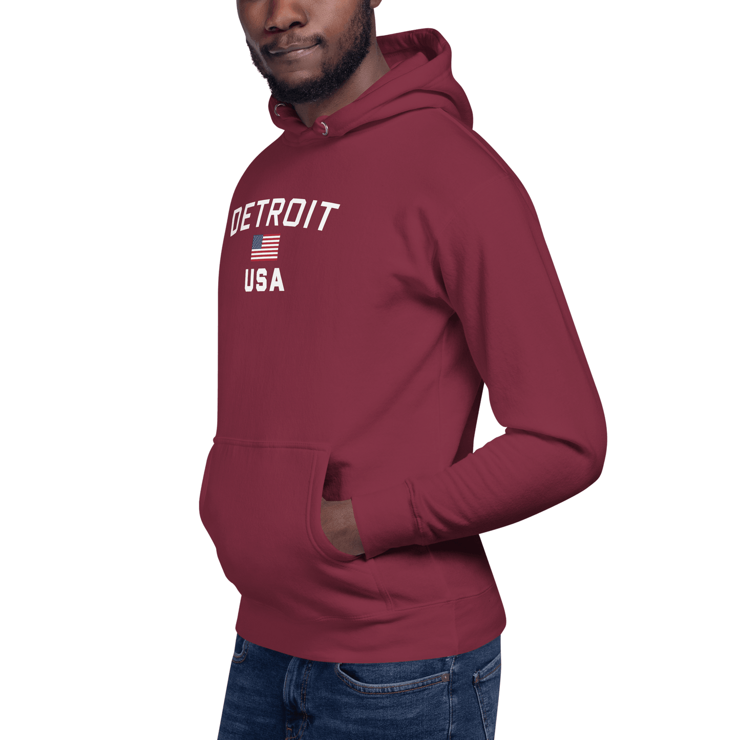 'Detroit USA' Hoodie (White/Navy w/ USA Flag)  Unisex Premium - Circumspice Michigan