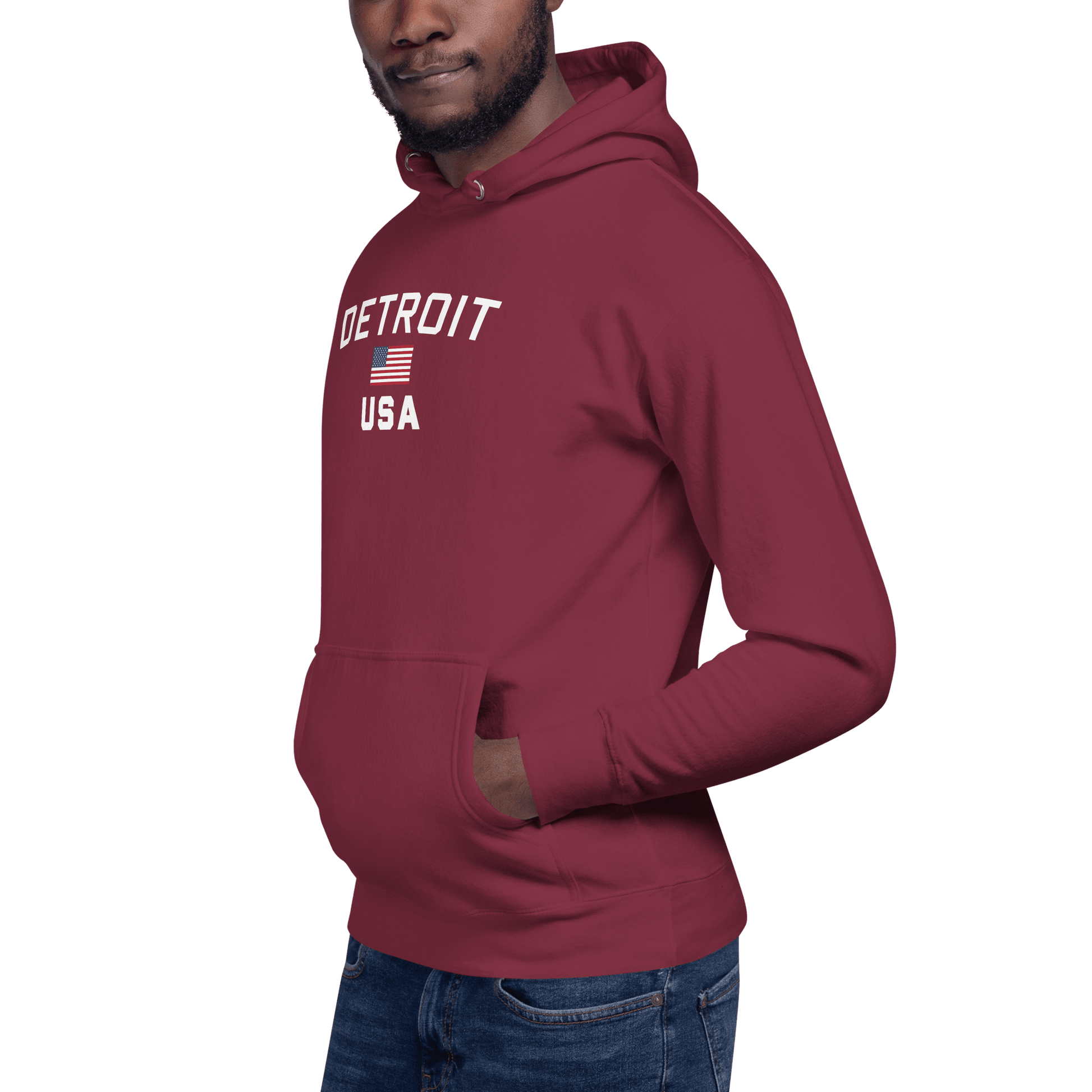 'Detroit USA' Hoodie (White/Navy w/ USA Flag)  Unisex Premium - Circumspice Michigan