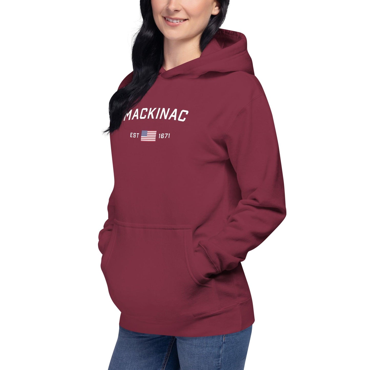 'Mackinac EST 1671' Hoodie (w/ USA Flag Outline) | Unisex Premium - Circumspice Michigan