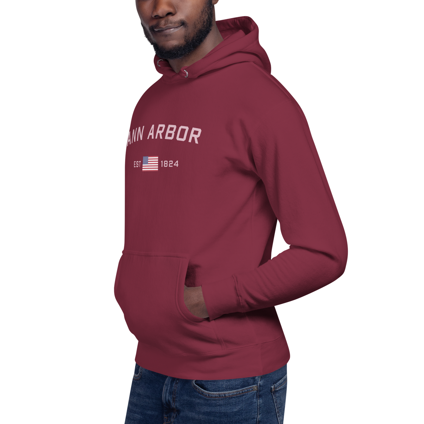 'Ann Arbor 1824' Unisex Premium Hoodie (Pink Type w/USA Flag Outline)