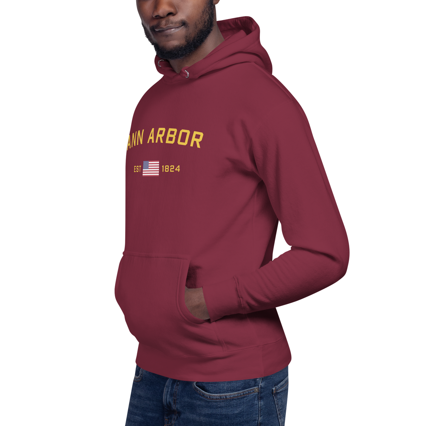 'Ann Arbor EST 1824' Unisex Premium Hoodie (Gold Type w/USA Flag Outline)