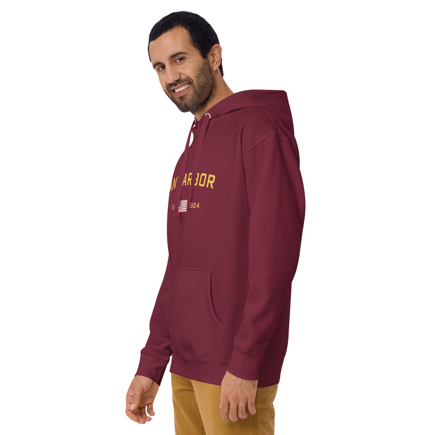 'Ann Arbor EST 1824' Unisex Premium Hoodie (Gold Type w/USA Flag Outline)