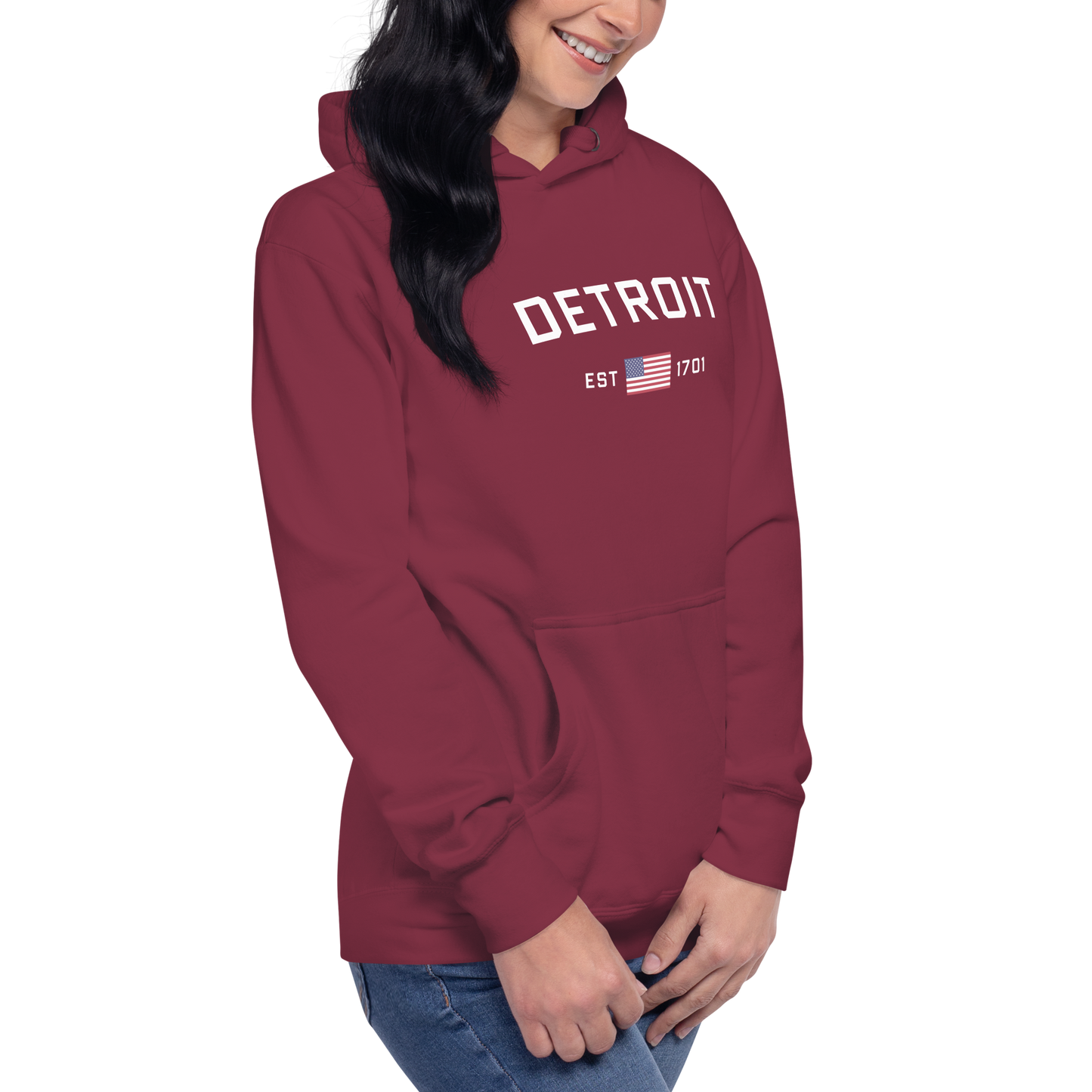 'Detroit EST 1701' Unisex Premium Hoodie (w/ United States Flag)