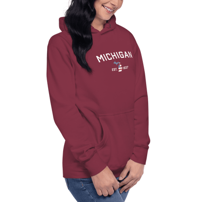 'Michigan EST 1837' Hoodie (w/ USA Flag MI Outline) | Unisex Premium - Circumspice Michigan