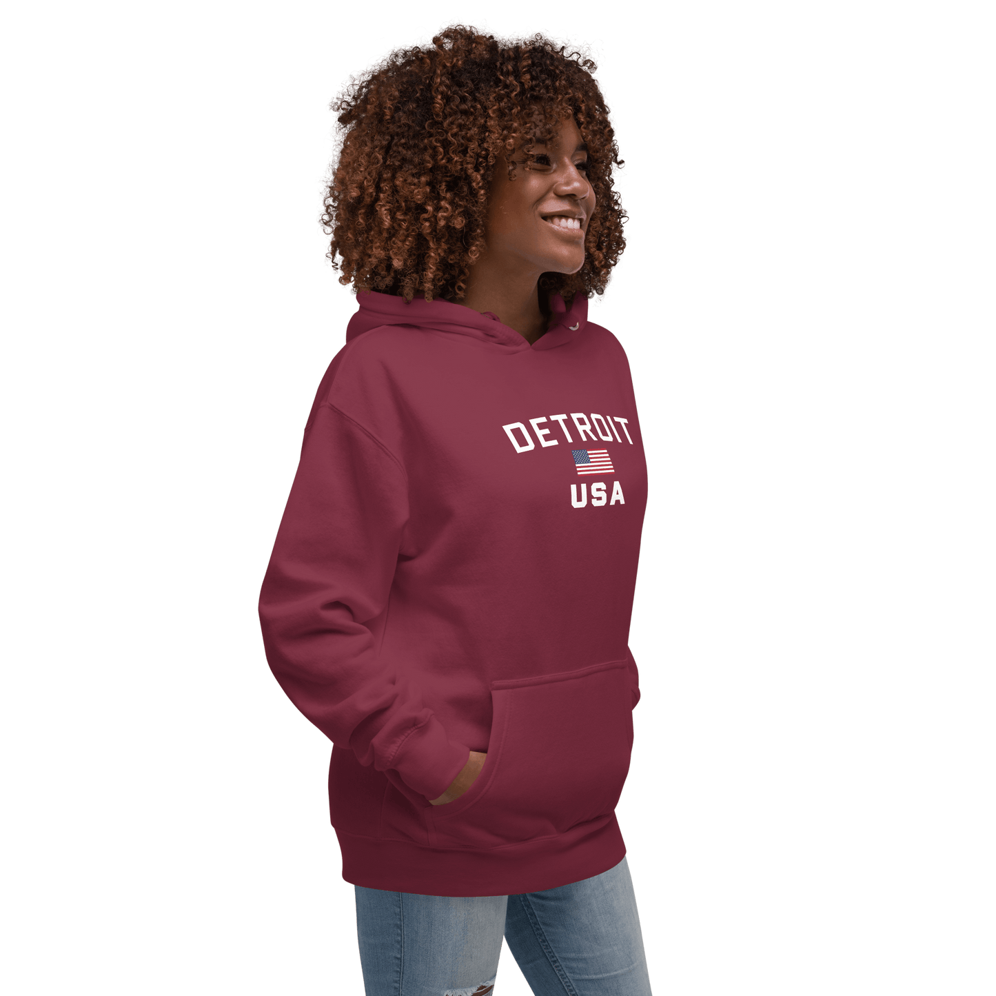 'Detroit USA' Hoodie (White/Navy w/ USA Flag)  Unisex Premium - Circumspice Michigan