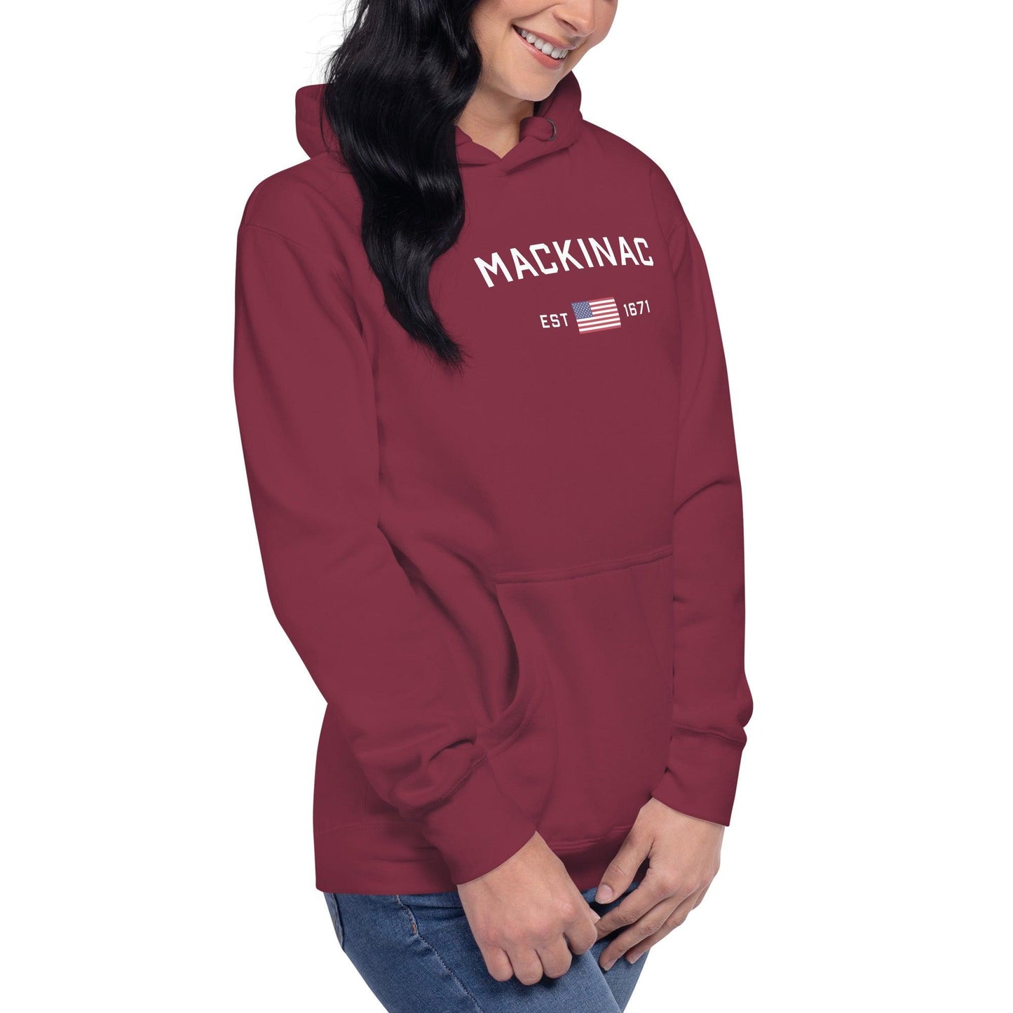 'Mackinac EST 1671' Hoodie (w/ USA Flag Outline) | Unisex Premium - Circumspice Michigan