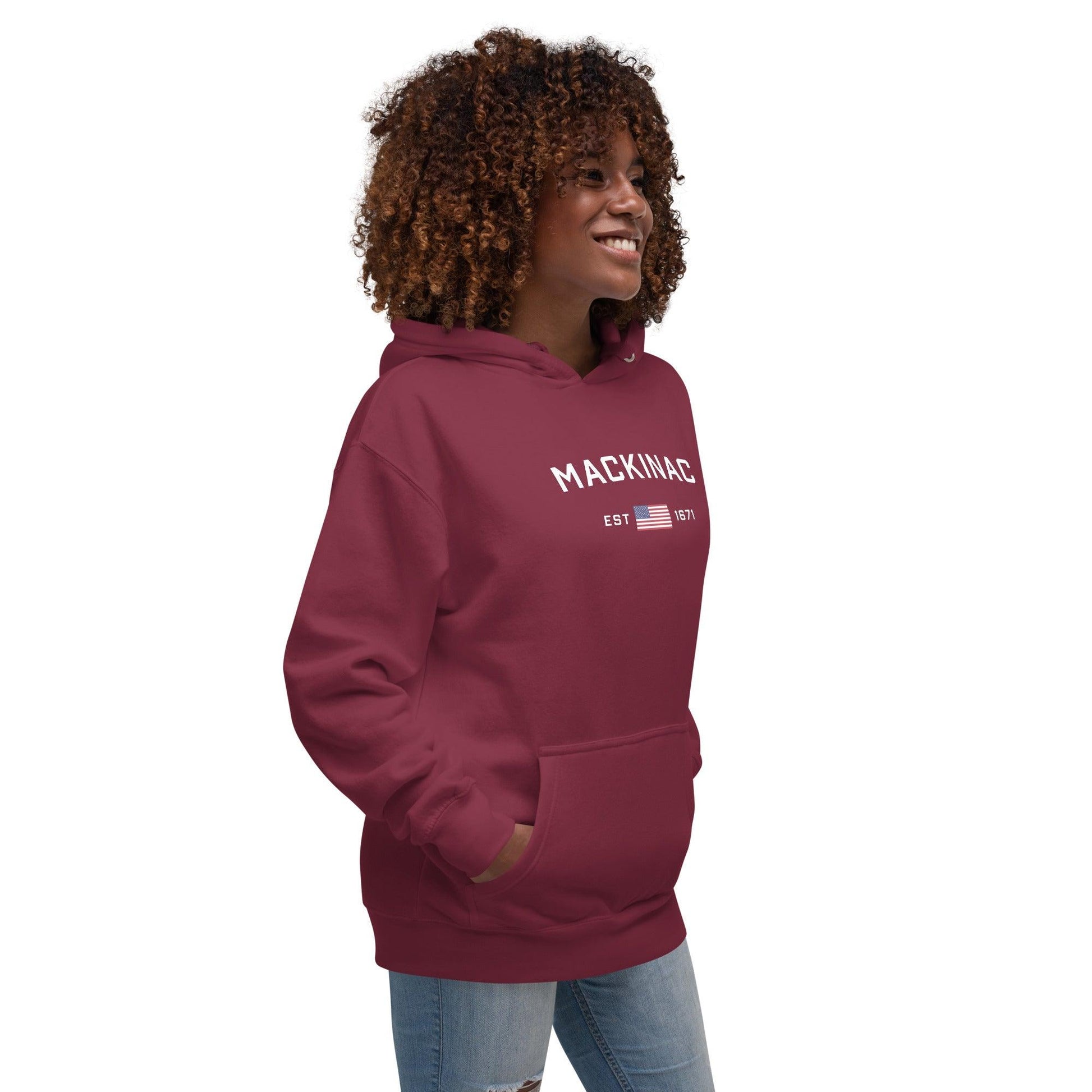 'Mackinac EST 1671' Hoodie (w/ USA Flag Outline) | Unisex Premium - Circumspice Michigan