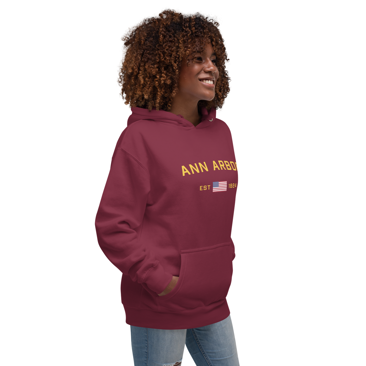 'Ann Arbor EST 1824' Unisex Premium Hoodie (Gold Type w/USA Flag Outline)