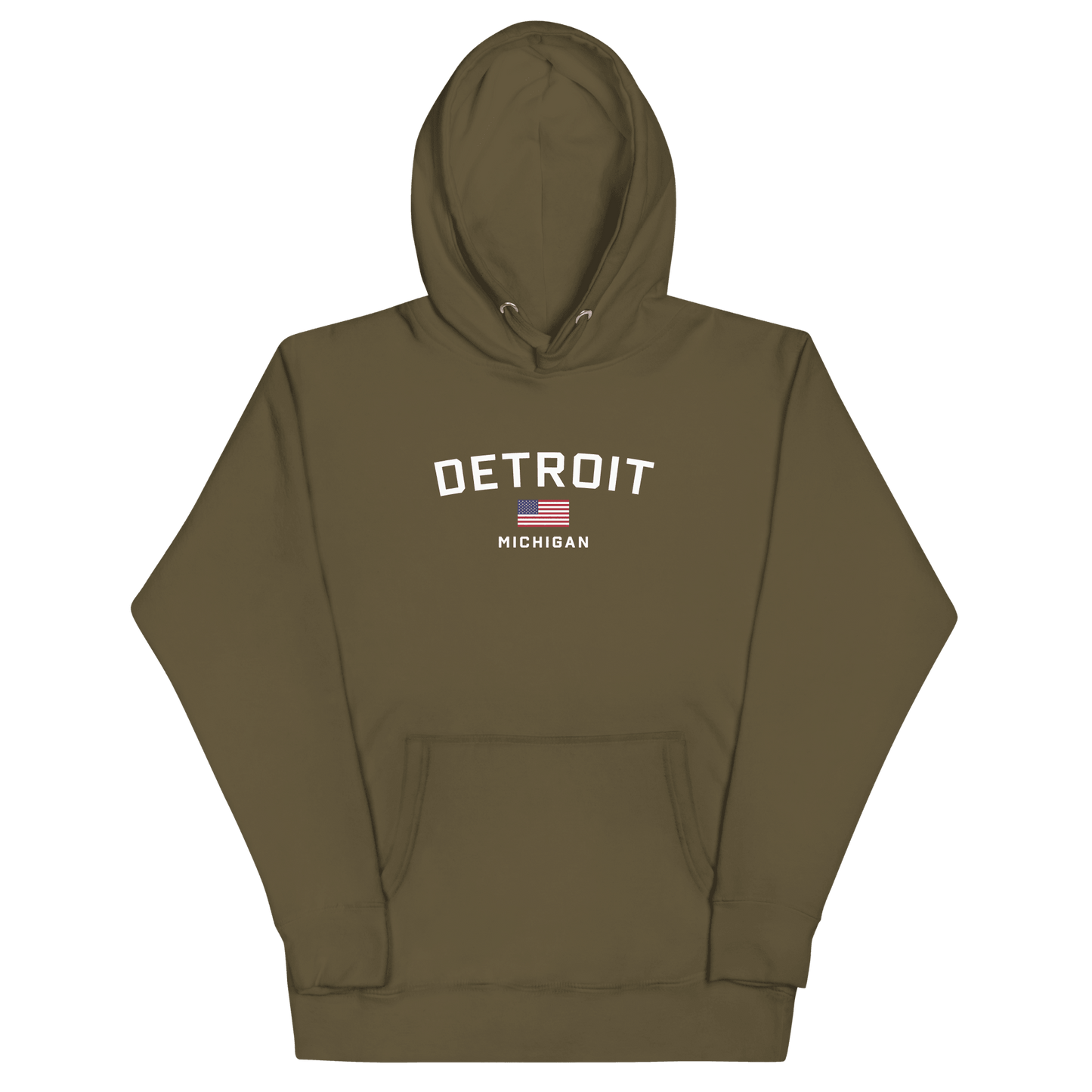 'Detroit Michigan' Hoodie (White/Navy w/ USA Flag) | Unisex Premium - Circumspice Michigan