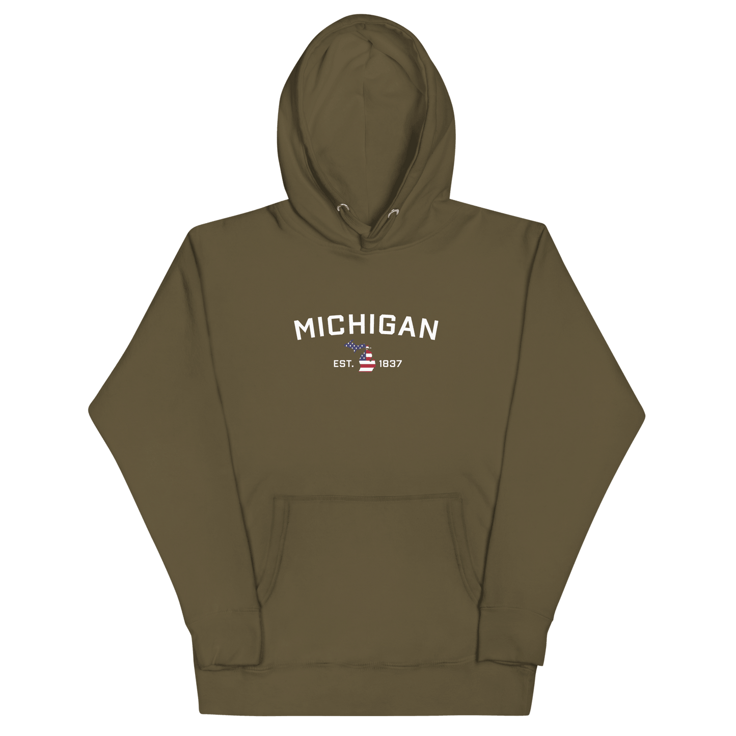 'Michigan EST 1837' Hoodie (w/ USA Flag MI Outline) | Unisex Premium - Circumspice Michigan