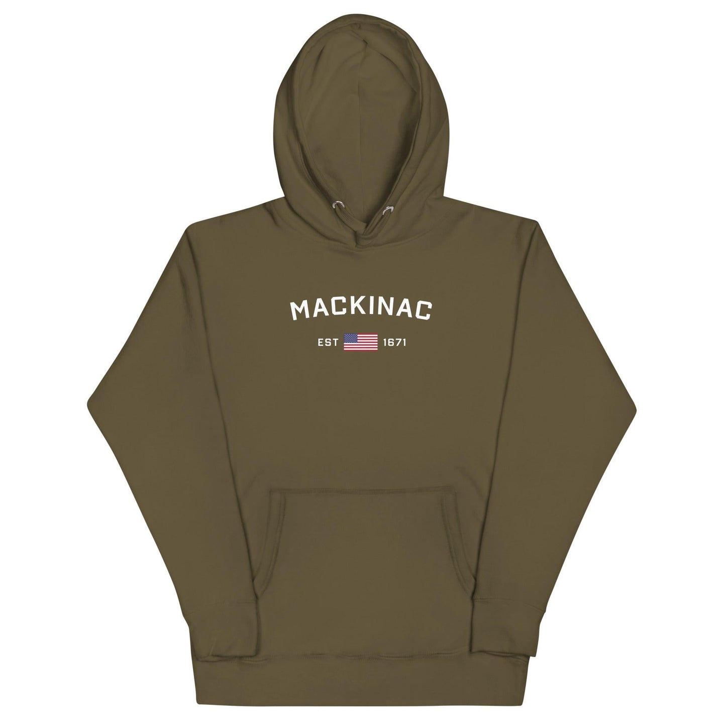 'Mackinac EST 1671' Hoodie (w/ USA Flag Outline) | Unisex Premium - Circumspice Michigan