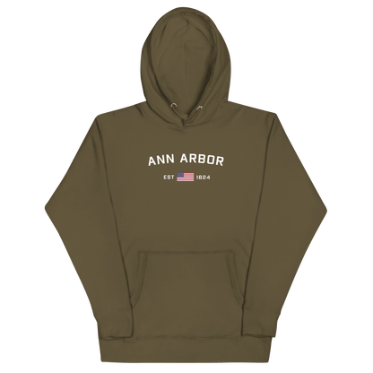 'Ann Arbor EST 1824' Hoodie (w/ USA Flag Outline) | Unisex Premium - Circumspice Michigan