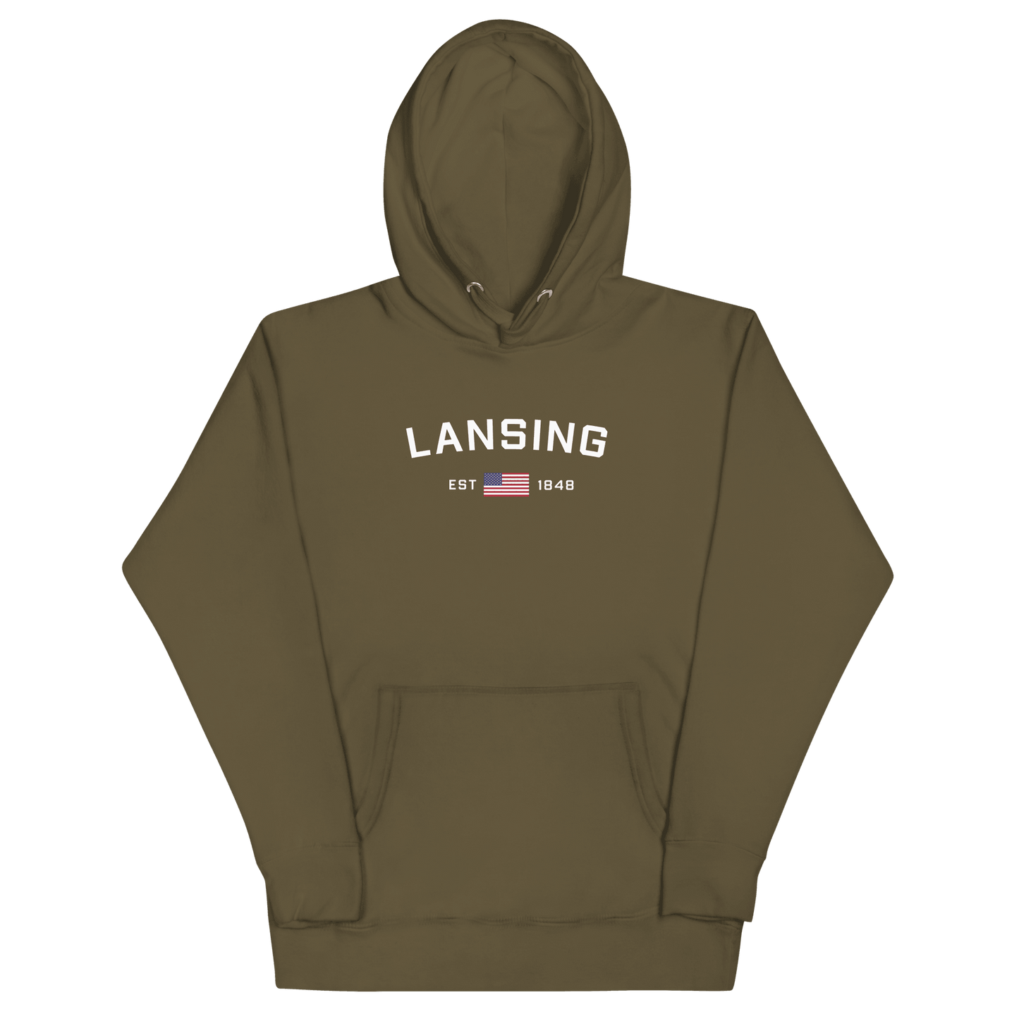 'Lansing EST 1848' Hoodie (w/. USA Flag Outline) | Unisex Premium - Circumspice Michigan