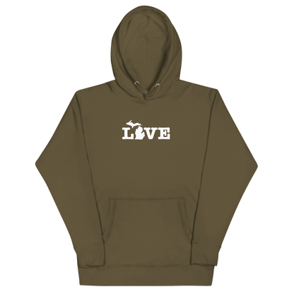 Michigan 'Love' Hoodie (Typewriter Font w/MI Outline) | Unisex Premium - Circumspice Michigan