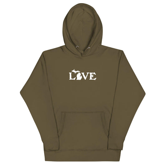 Michigan 'Love' Hoodie (Woodcut Font w/MI Outline) | Unisex Premium - Circumspice Michigan