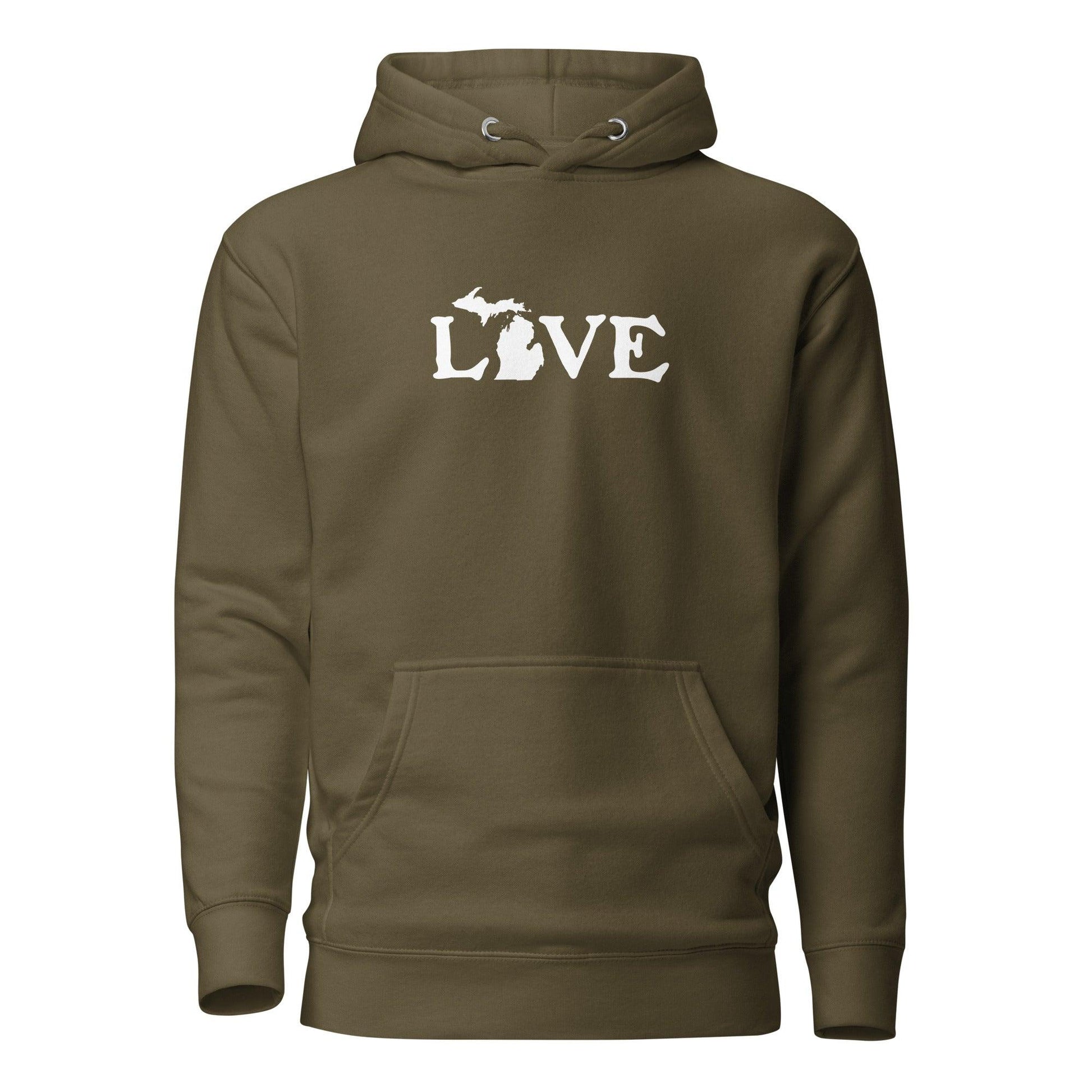 Michigan 'Love' Hoodie (Woodcut Font w/MI Outline) | Unisex Premium - Circumspice Michigan