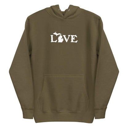 Michigan 'Love' Hoodie (Woodcut Font w/MI Outline) | Unisex Premium - Circumspice Michigan