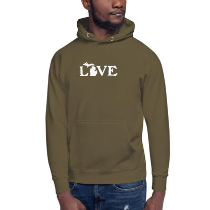 Michigan 'Love' Hoodie (Woodcut Font w/MI Outline) | Unisex Premium - Circumspice Michigan