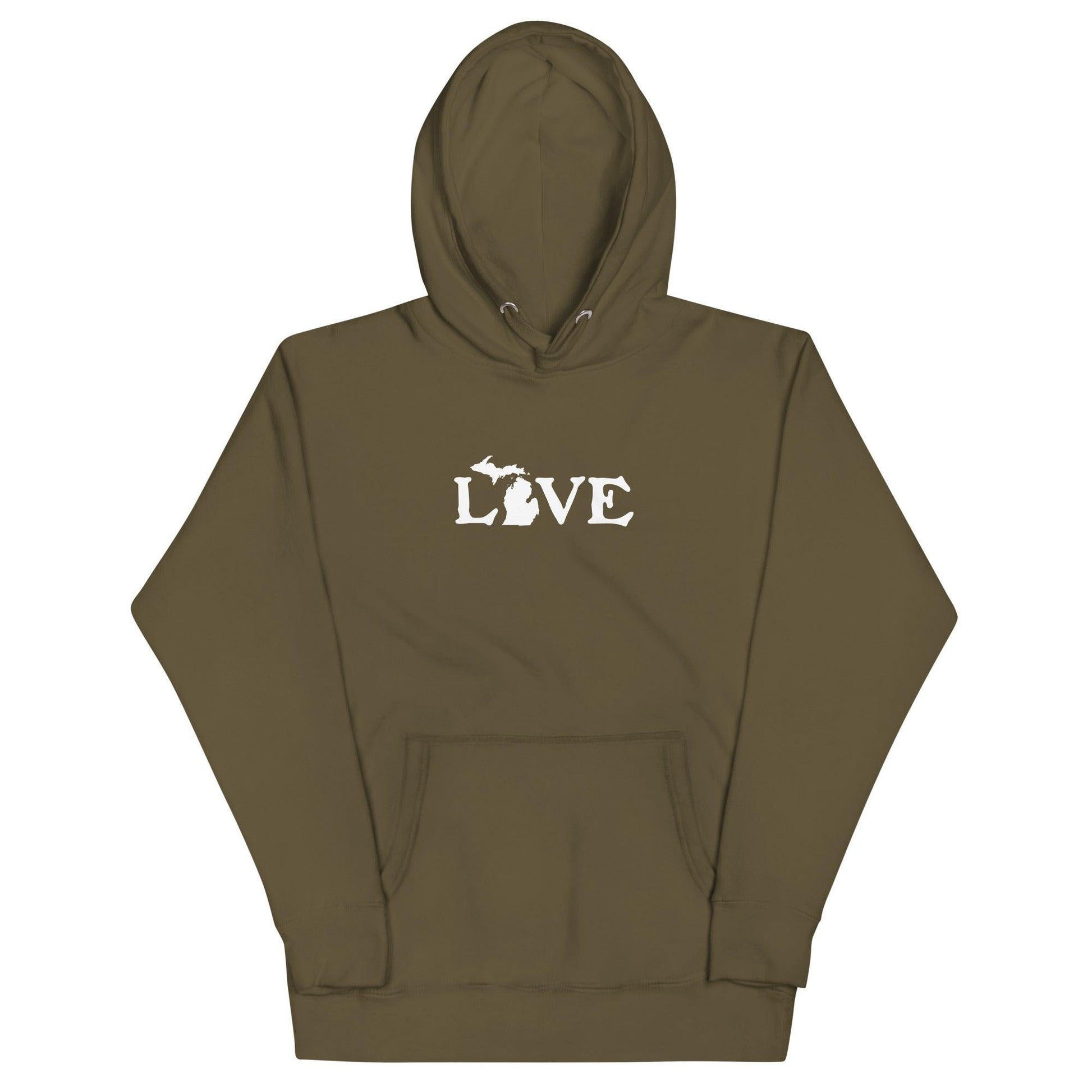 Michigan 'Love' Hoodie (Woodcut Font w/MI Outline) | Unisex Premium - Circumspice Michigan