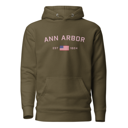 'Ann Arbor 1824' Unisex Premium Hoodie (Pink Type w/USA Flag Outline)