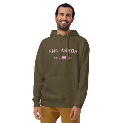 'Ann Arbor 1824' Unisex Premium Hoodie (Pink Type w/USA Flag Outline)