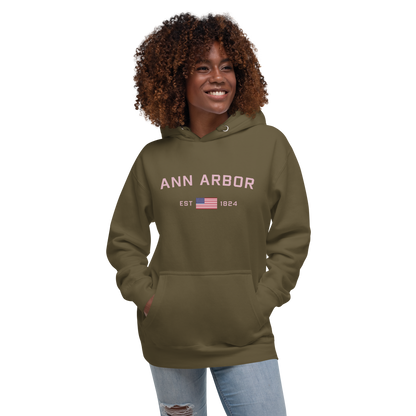 'Ann Arbor 1824' Unisex Premium Hoodie (Pink Type w/USA Flag Outline)