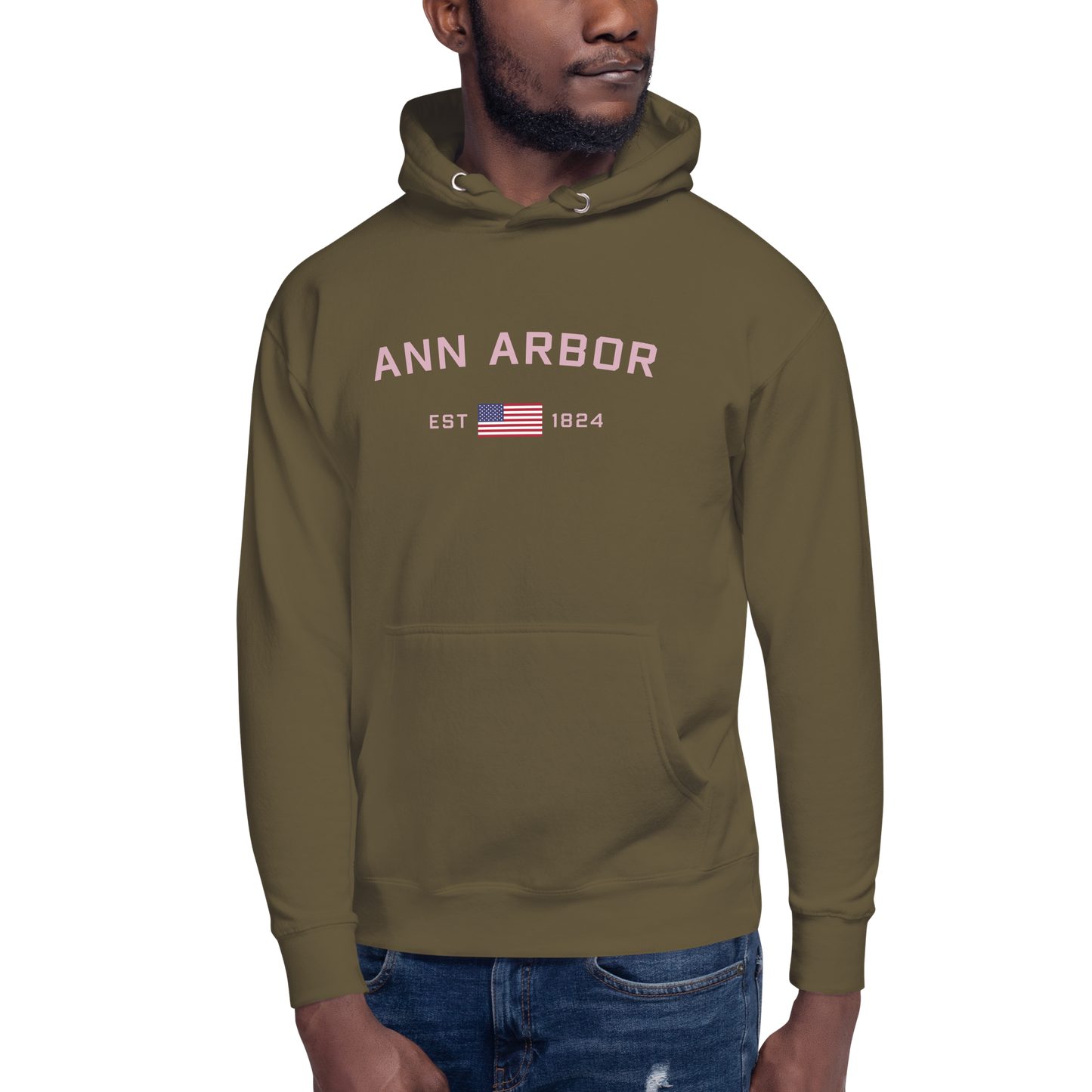 'Ann Arbor 1824' Unisex Premium Hoodie (Pink Type w/USA Flag Outline)