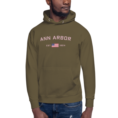 'Ann Arbor 1824' Unisex Premium Hoodie (Pink Type w/USA Flag Outline)